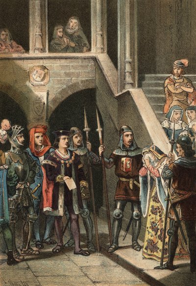 Leonor de Guzman favorite of King Alfonso XI stopped and executed by Don Alfonso Fernandez de Olmedo, under the order of Queen Mary of Portugal, in the 14th century. in “” El Culto de la Hermosura”” by Juan Justo Huguet, Molinas Hermanos editores av Spanish School