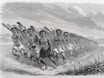 Maori Warriors Performing a War Dance, illustrasjon fra 