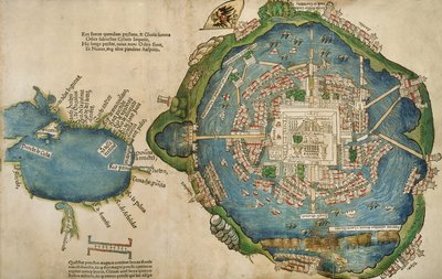 Kart over Tenochtitlan og Mexicogulfen, fra Praeclara Ferdinadi Cortesii de Nova maris Oceani Hyspania Narratio av Hernando Cortes (1485-1547) 1524 av Spanish School