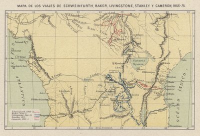 Kart som viser reisene til oppdagelsesreisende Georg August Schweinfurth, Samuel Baker, David Livingstone, Henry Morton Stanley og Verney Lovett Cameron i Afrika av Spanish School