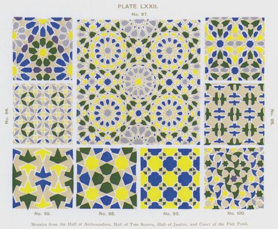 Mosaikker fra Hall of Ambassadors, Hall of Two Sisters, Hall of Justice og Court of the Fish Pond (farge litho) av Spanish School