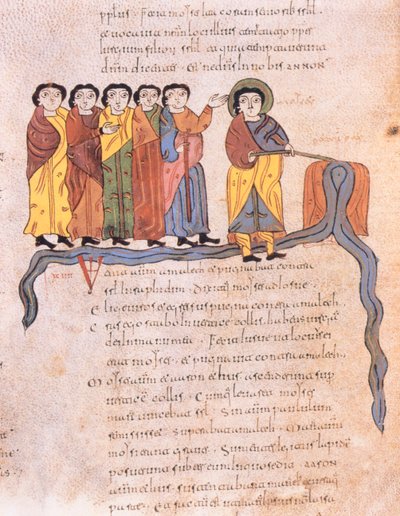 Moses får vannet til å renne fra steinene ved Horeb, 2. Mosebok 17 1-7, fra den vestgotisk-mosarabiske bibelen til St. Isidores, fol.40v., 960 e.Kr. (tempera på vellum) av Spanish School
