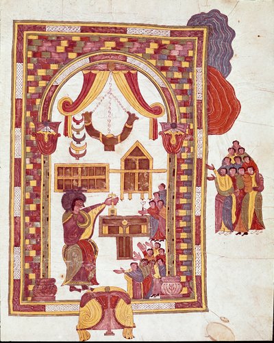 Mosarabisk kunst: "" Jerusalems tempel, Aron er representert som en yppersteprest foran et alter." Miniatyr fra en mosarabisk bibel. 10. århundre. Leon. Biblioteket til Royal Collegiale of Saint Isidore. Spania av Spanish School