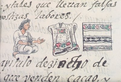 Fru Palat. 218-220 Bok IX En aztekisk kjøpmann som selger kapper, fra den florentinske kodeksen av Bernardino de Sahagun, ca. 1540-85 av Spanish School