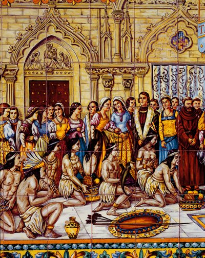 Indianere brakte følget av Columbus til Spania i 1492 (keramikk) av Spanish School