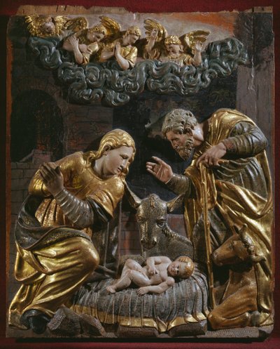 Nativity, detalj av en renessansealtertavle (malt og forgylt tre) av Spanish School