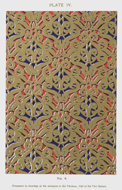 Ornament i døråpning ved inngangen til Ventana, Hall of the Two Sisters (farge litho) av Spanish School