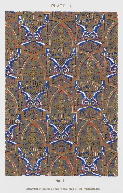 Ornament i paneler på veggene, Hall of the Ambassadors (farge litho) av Spanish School