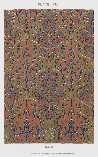Ornamenter i paneler, Hall of the Ambassadors (farge litho) av Spanish School