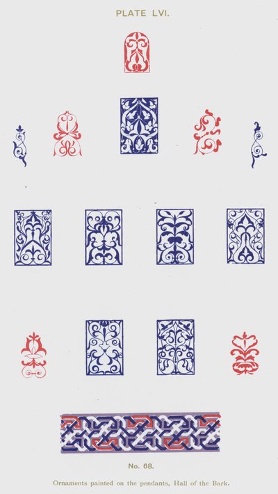 Ornamenter malt på anhengene, Hall of the Bark (farge litho) av Spanish School