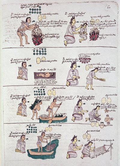 Side fra Codex Mendoza, som viser disiplin og gjøremål tildelt barn, Mexico, ca. 1541-42 av Spanish School