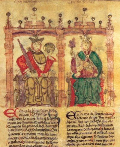 Pelagius (685-737), grunnlegger av Asturias-riket og hans barnebarn Fruela I (722-68) (pigment på vellum- av Spanish School