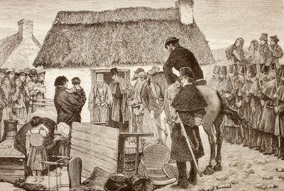 Fattige leietakere blir kastet ut av hjemmene sine under krisen i Irish National Land League, fra #39;La Ilustracion Espanola y Americana#39; fra 1881 (lito) av Spanish School