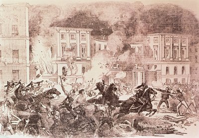 Populistiske opprør i Madrid, The Rioters prøver å sette fyr på palasset til dronning Maria Christina i 1854 (litho) av Spanish School
