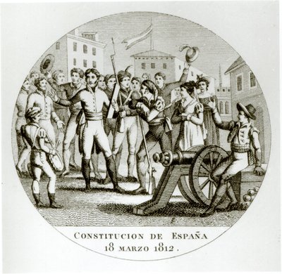 Proklamasjon av den liberale grunnloven av 18. mars 1812, av patriotene, kunngjort i Cadiz av Cortes av Spanish School