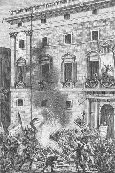 People of Barcelona Burning Portraits of the Bourbons, 1868 (gravering) av Spanish School