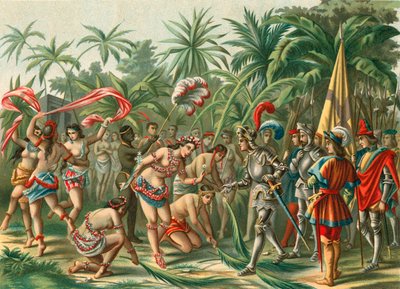 Mottak fra Anacaona, kalt Golden Flower, på Hispaniola for Bartholomew Columbus og Hermano del Almirante av Spanish School