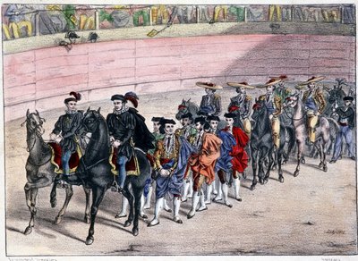 Utgivelse av kvadrille, corrida i Spania, litografi sd. 1800-tallet av Spanish School