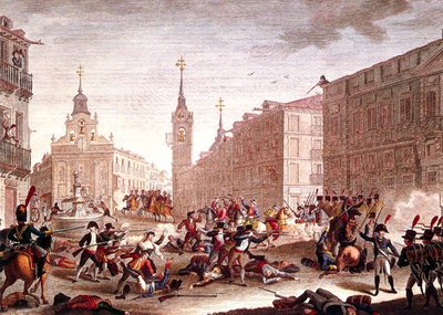 Opptøyer mot napoleonske tropper, Madrid, mai 1808 (fargegravering) av Spanish School