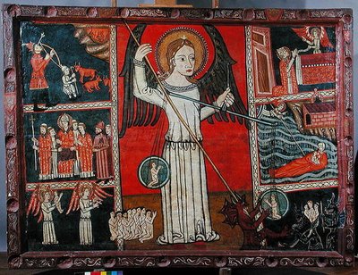 Saint Michael beseiret djevelen fremstilt som en drage og veier sjeler på en vekt (olje på panel) av Spanish School