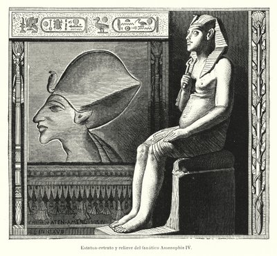 Sittende statue og relieff av den gamle egyptiske faraoen Akhenaten (Amenhotep IV) (litho) av Spanish School