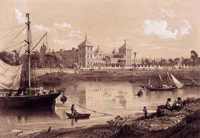 Sevilla, San Telmo-palasset ved bredden av elven Guadalquivir. Andalusia, Spania (1800-tallet). Madrid, Nasjonalbiblioteket. av Spanish School