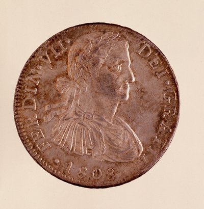 Sølvmynt (8 realer) fra Spania: Ferdinand VIIs (Ferdinando) regjeringstid (1808-1833). 1808 Diam. 3,9 cm Napoli, museo archeologico av Spanish School
