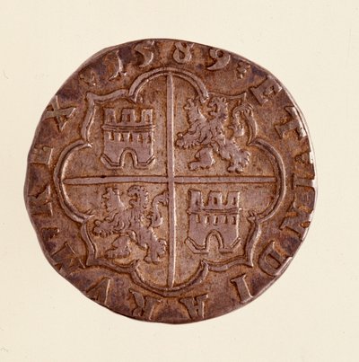Sølvmynt (8 realer) fra Spania: regjering av Filip (Filippo eller Philippe) II (1556-1598). 1589 Diam. 3,5 cm Napoli, museo archeologico av Spanish School