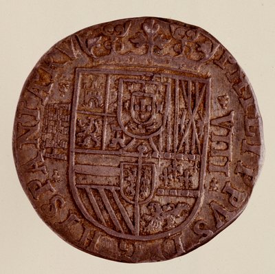 Sølvmynt (8 realer) fra Spania: regjering av Filip (Filippo eller Philippe) II (1556-1598). 1589 Diam. 3,5 cm Napoli, museo archeologico av Spanish School