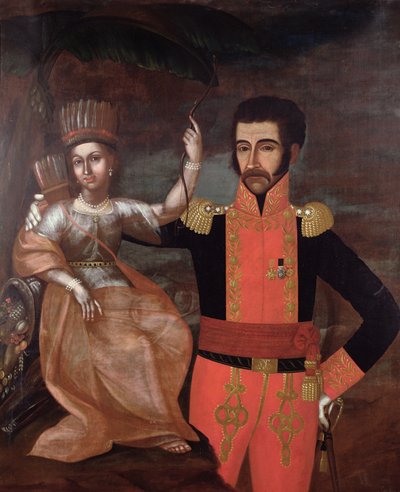 Simon Bolivar (1783-1830) og en indianerkvinne av Spanish School