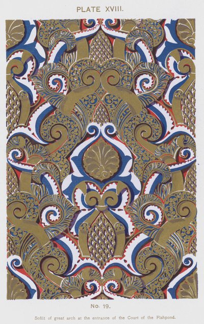 Soffit av stor bue ved inngangen til Court of the Fishpond (farge litho) av Spanish School