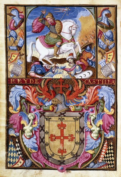 St.James på en hvit hest som rir over maurernes likene og våpenskjoldet til familien til Gomez, 1606 av Spanish School