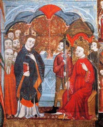 St Lazarus tar imot de første kristne i Marseille i nærvær av kongen av Provence av Spanish School