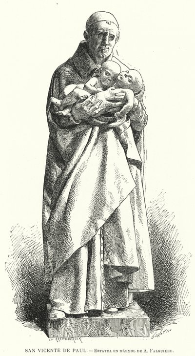 St Vincent de Paul , fransk katolsk prest, marmorstatue av Jean Alexandre Joseph Falguiere (litho) av Spanish School