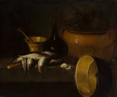 Stilleben med fisk og artisjokker (olje på lerret) av Spanish School