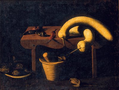 Stilleben med paprika og gresskar på en benk med morter og støder og døde fugler, ca. 1620 (olje på lerret) av Spanish School