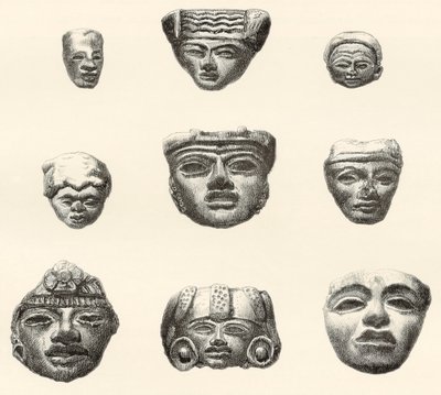 Steinhoder og masker funnet i Teotihuacan, Mexico av Desiré Charnay under hans ekspedisjon i 18801883 av Spanish School