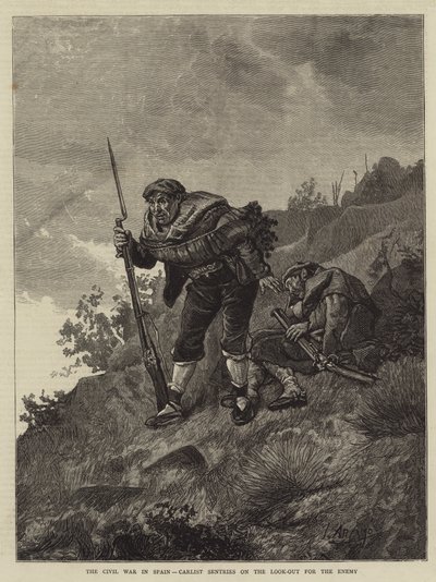 Borgerkrigen i Spania, Carlist Sentries på utkikk etter fienden (gravering) av Spanish School