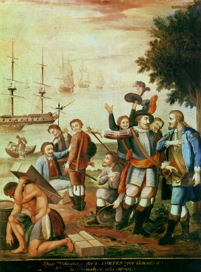 Erobringen av Mexico: Diego Velasquez de Cuellar (1465-1524) velger Hernando Cortes (1485-1547) som general for Armadaen og gir ham kommando (olje på lerret) av Spanish School