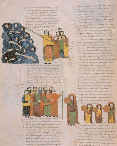 Krysset av Rødehavet og de hebraiske kvinnenes dans til lyden av tamburinene til Moses og hans akkompagnatører, fra den visigotisk-mosarabiske bibelen til St. Isidores, fol.39., 960 e.Kr. (tem. av Spanish School
