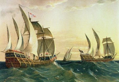 'Pinta', 'Nina' og 'Santa Maria' seilte mot Vestindia i 1492, fra The Discovery of America av Spanish School