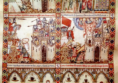Saracenerne beleiret en kristen by. Detalj fra én side hentet fra et manuskript av Sangen om Sankt Maria (Cantigas de Santa Maria), dekorerte miniatyrer dedikert til Sankt Maria og hennes mirakler, en samling sanger gjenopprettet under Alfons rike. av Spanish School