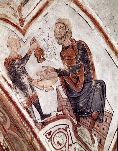 Månedens syklus: Pontius Pilatus vasker hendene. Detalj av en freske fra 1100-tallet fra Royal Pantheon of the Real Colegiata of San Isidoro (Royal Collegiale of Saint Isidore). Leon. Spania av Spanish School
