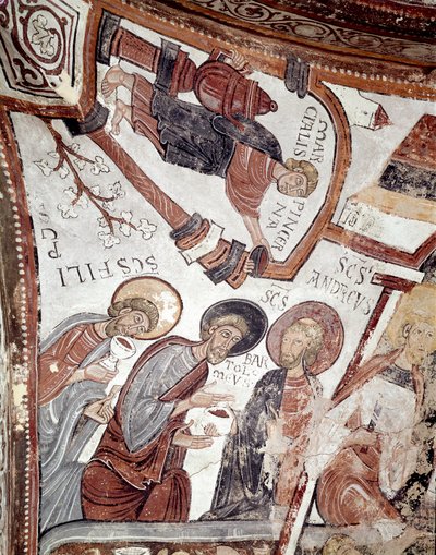 Månedens syklus: en tjener tilbyr en drink til apostlene (Saint Andre, Saint Barthelemy og Saint Philip). Detalj av en freske fra 1100-tallet fra Royal Pantheon of the Real Colegiata of San Isidoro (Royal Collegiale of Saint Isidore). Leon. Spai av Spanish School