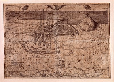 Opphevelsen av Catalonia eller høsternes krig (1640-1659), Barcelonas hovedkvarter til sjøs og land av troppene til Filip IV av Spania (1605-1665). Gravering 1652. Byhistorisk museum, Barcelona. av Spanish School