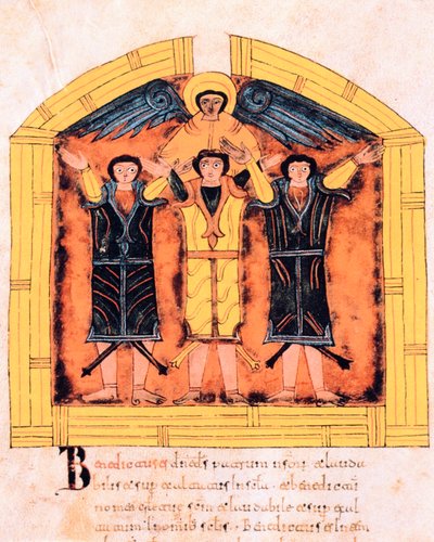 De tre hebreerne, Shadrak, Mesach og Abed-Nego kastet inn i ovnen av Nebukadnesar, fol.318v, fra den visigotisk-mosarabiske bibelen fra St. Isidore