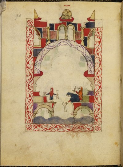 Tre kvinner senker kar i et basseng. Opplyst manuskript av en latinamerikansk-morsk haggadah, ca. 1300, Spania, Or. 2737, fol. 90 (vellum) av Spanish School