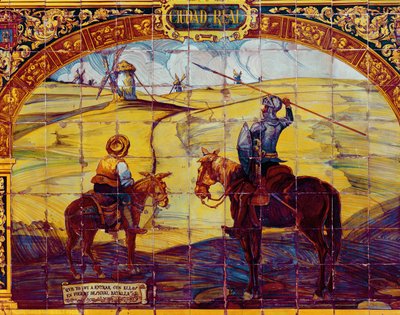 Fliser som viser Don Quixote og Sancho Panza som forbereder seg på å angripe vindmøllene (keramikk) av Spanish School