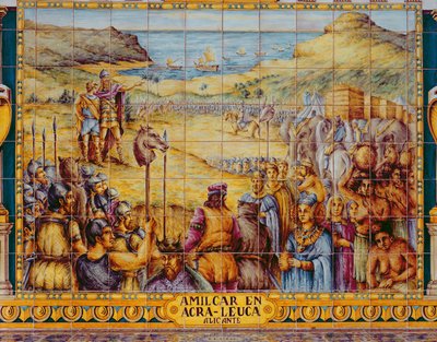 Fliser som viser landstigningen til Hamilcar og sønnen Hannibal ved Akra Leuce under den første puniske krigen (264–241 f.Kr.) (keramikk) av Spanish School