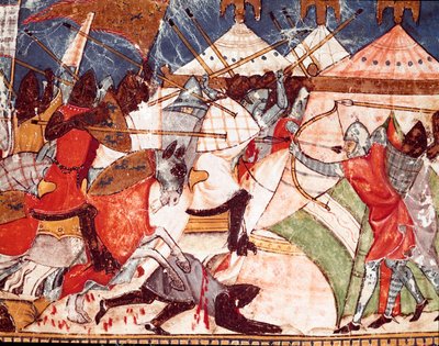 Trojanske krig: Trojanere invaderer militærleiren til greske krigere. Detalj av en miniatyr fra det spanske manuskriptet "Codex Benito de Santa Mora"" av Spanish School